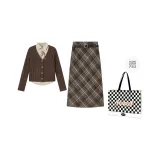 Brown Plaid Dress Clothing Sets