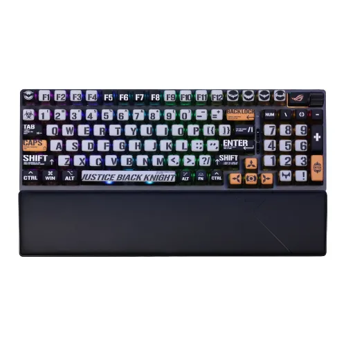ROG 나이트 기사 2 98 노와이어 에디션 블랙 98 키 E스포츠, 3중 모드 오믈리 리시버, 풀 키 핫 스왑 가능, 인체공학적 팔レスト, 긴 배터리 수명, 3중 방향 노브 RGB 백라이트 싱크 기계식 키보드