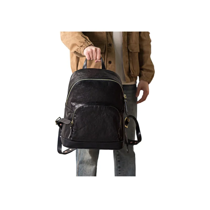Back Step Top Grain Vegetable Tanned Cow Leather Genuine Leather Computer Travel Backpack Large Size Unisex Black-5