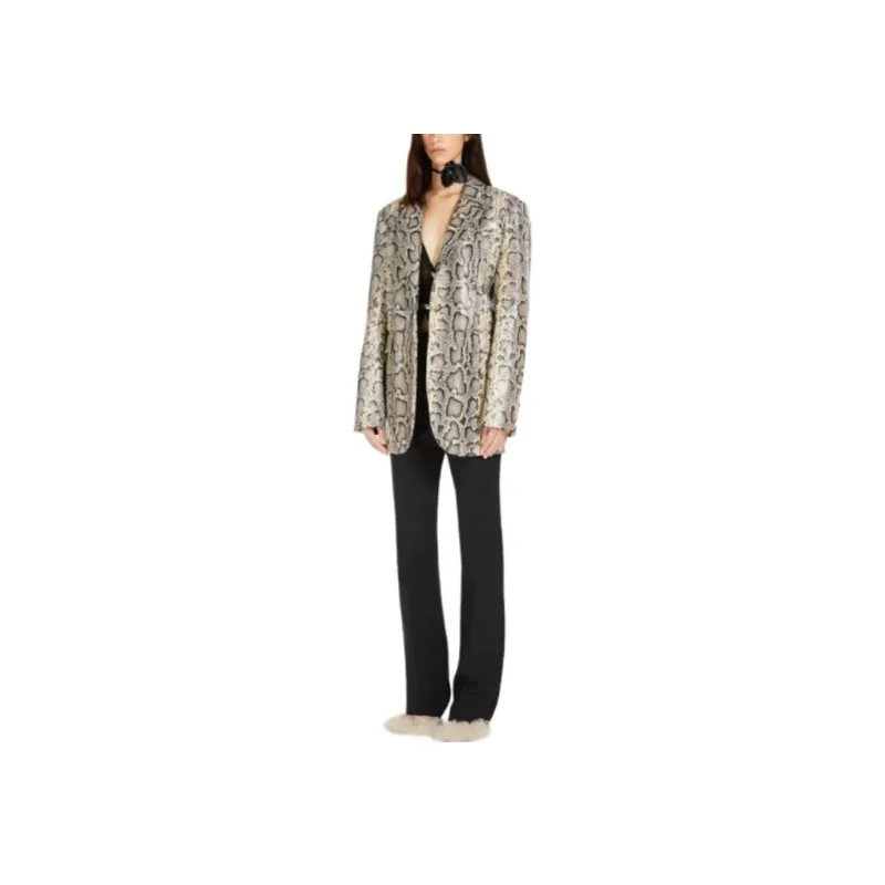 SportMa Fiorigi Collection Oversized Python-Print Leather Blazer Business Suit Women's Light Brown-1