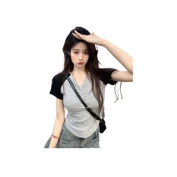 Mu Xiao Xin T Shirt Women's Gray & Black Sleeves
