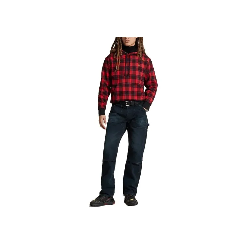 Polo Ralph Lauren Plaid Pile Fleece Hoodie Sweatshirt Men's Red-1