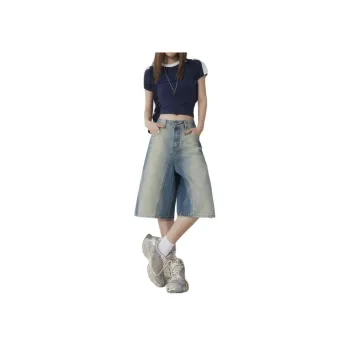 Wen Shan Denim Shorts Women's Vintage Knee Length Pants