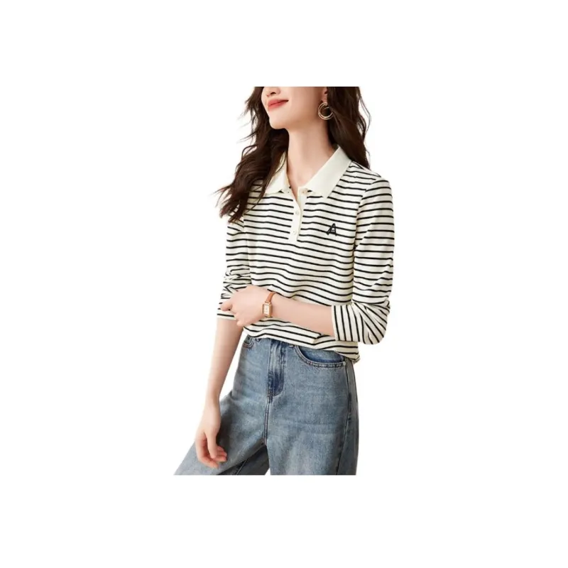 Mo Han Yi Mei T Shirt Women's Black Rice Stripes-0