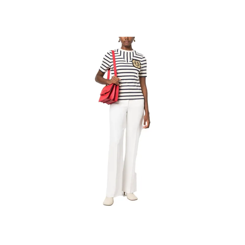 BALMAIN Logo patch Ribbed knit Striped T shirt-1