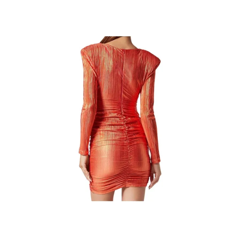 PHILIPP PLEIN Padded Shoulder Plisse Mini Dress Long-Sleeved Dresses Women's Red-1