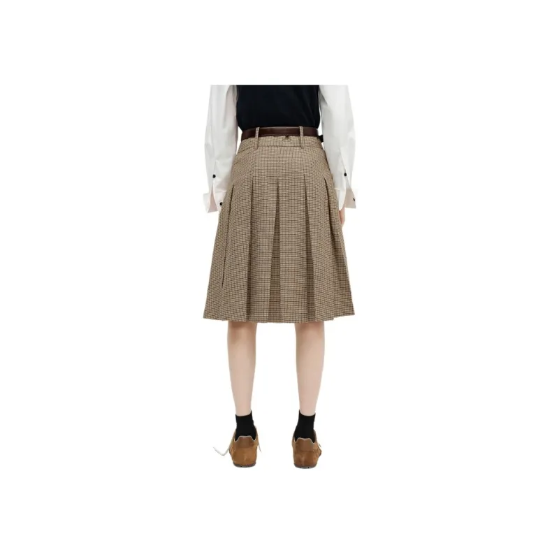 MOCO Casual Long Skirts Women's Gray Brown Plaid-0