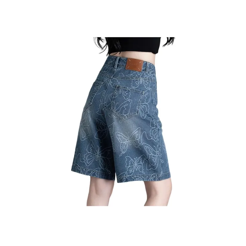 You Cow Me Pants Denim Shorts Women's Deep Sea Blue Jacquard-3