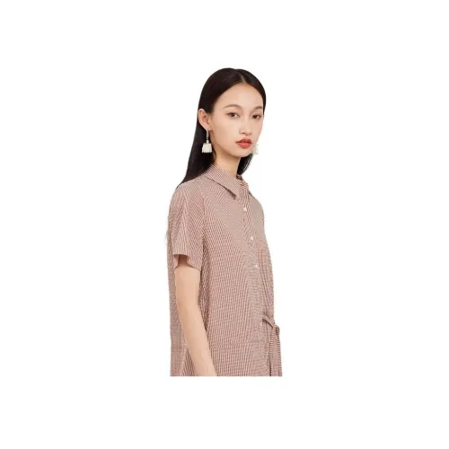 GOOBGS 오렌지 스트라이프 패턴 여성 반팔 원피스