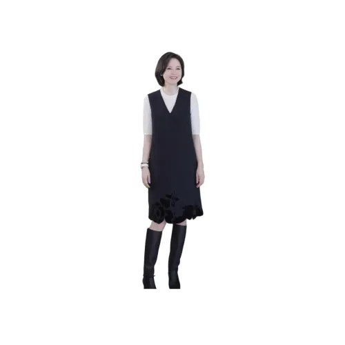RUIENCO. 블랙 아플리케 여성 민소매 원피스