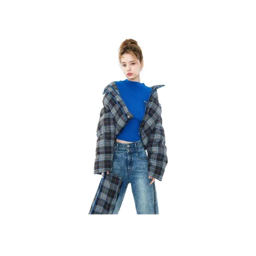 GIVH SHYH 블루 체크 여성 다운 재킷