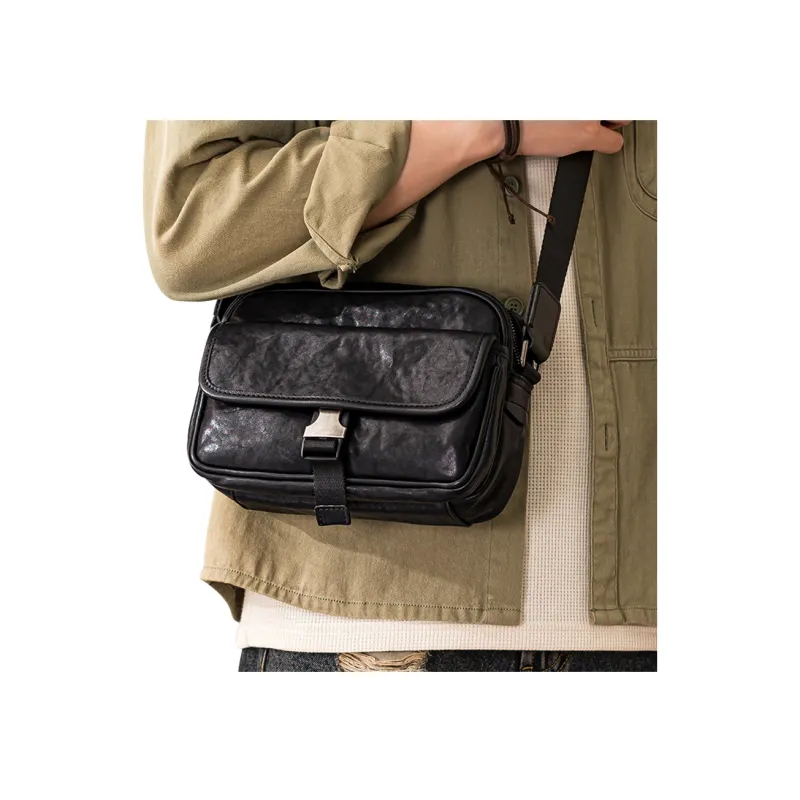 Back Step Top Grain Cow Leather Shoulder Bag, Crossbody Bag Unisex Black-5