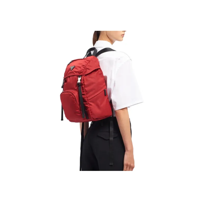PRADA Nylon Double-Shoulder Backpack Unisex Red Black-3