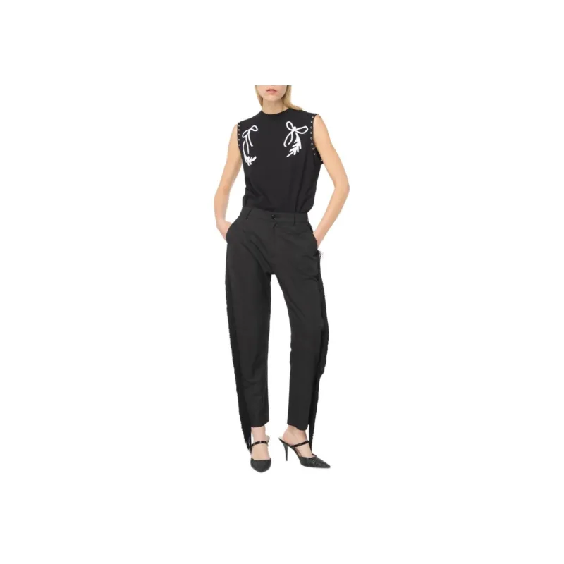 PINKO Embroidered Crew Neck Cinched Waist Sleeveless T Shirt Women's Black-2
