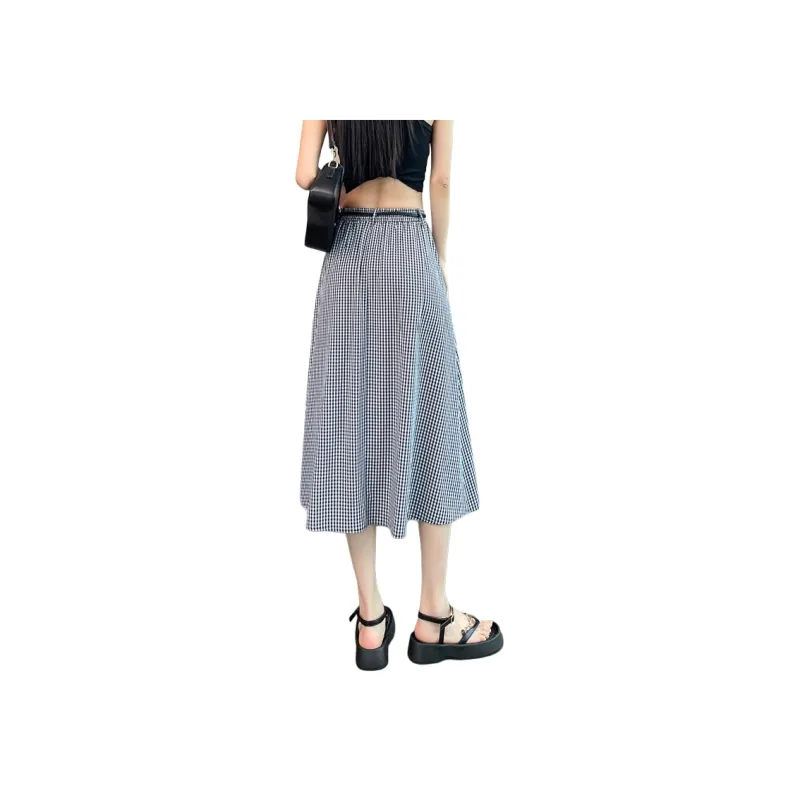 SITOL Casual Long Skirts Women's Black White Plaid-1
