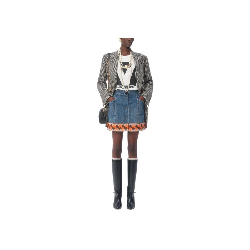 Valentino Jacquard Trim Mid Rise Denim Skirt-2