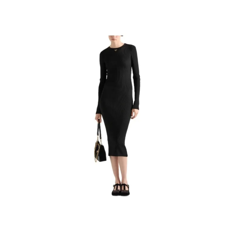 PRADA Long Sleeved Ribbed Midi Dress-1