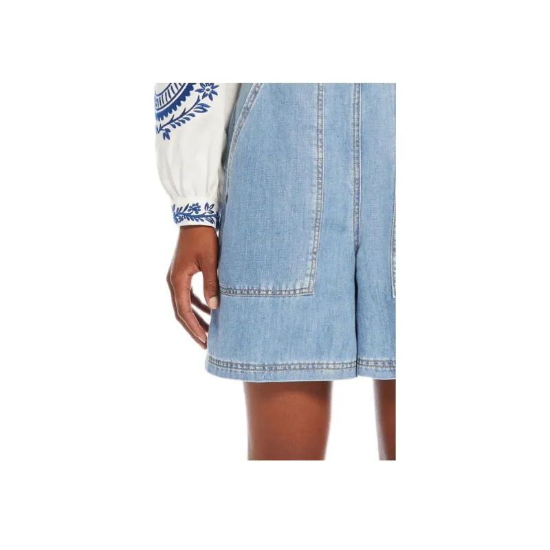 WEEKEND MaxMara Elica Collection Cotton And Linen Denim Jeans Casual Shorts Women's Blue-5