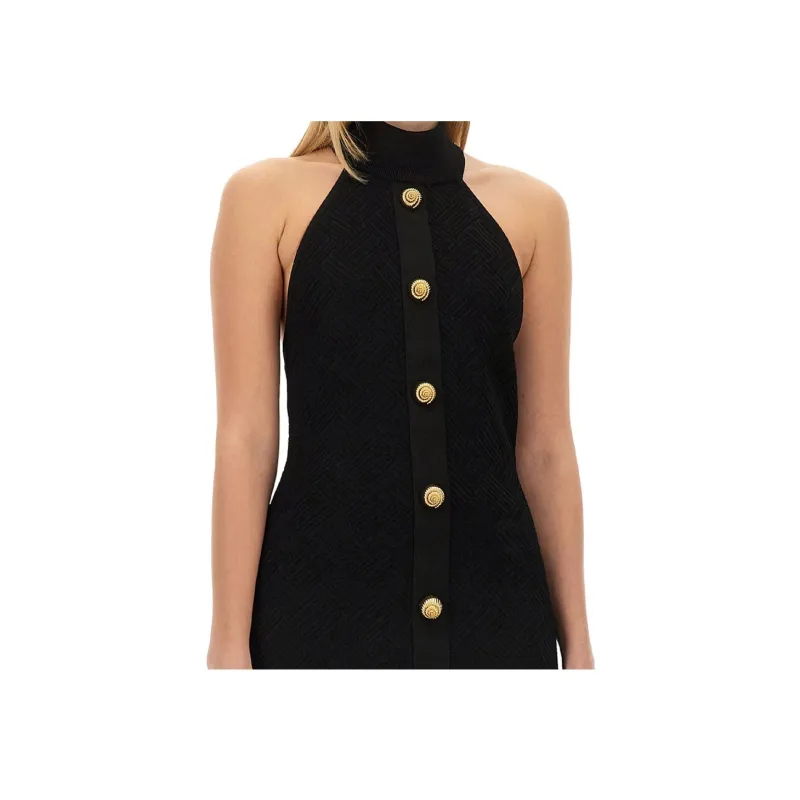 BALMAIN Off Shoulder Button Detailed Mini Dress-5