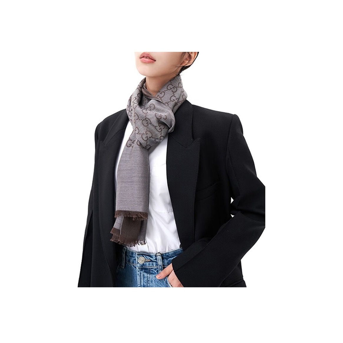 GUCCI Women's GG Logo Wool Silk Scarf 'Dark Gray' - POIZON