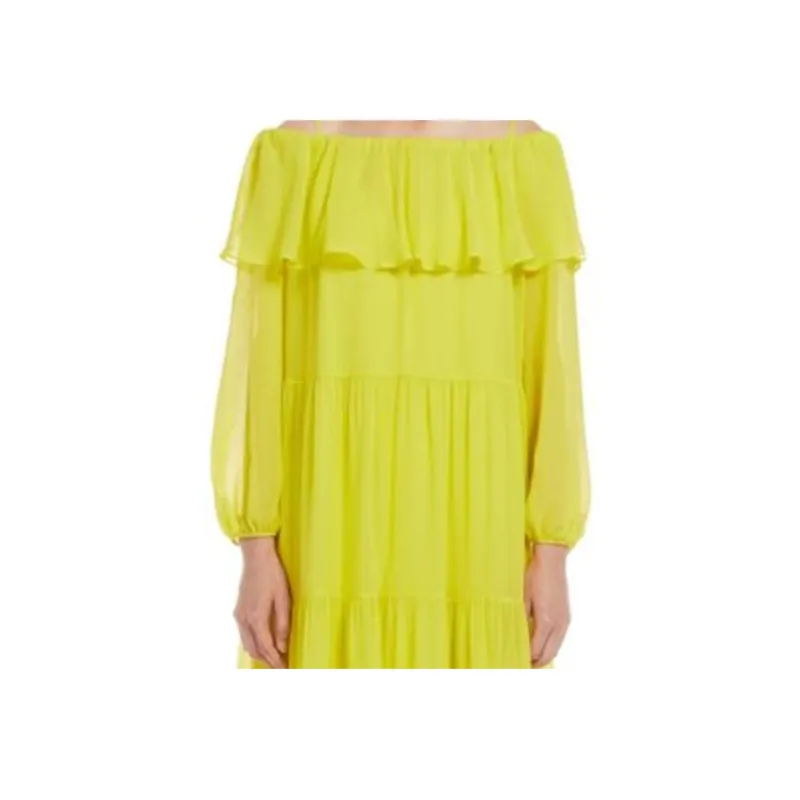 MaxMara Lemma Collection Printed Silk Off The Shoulder Dress Long Sleeved Dress Women's Yellow-4