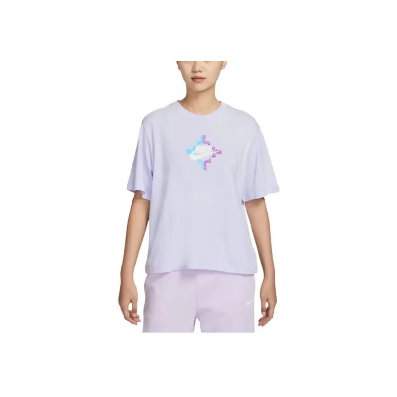 Nike Women'ss Letter Print Logo Classic Cropped Crewneck T-Shirt Purple-2