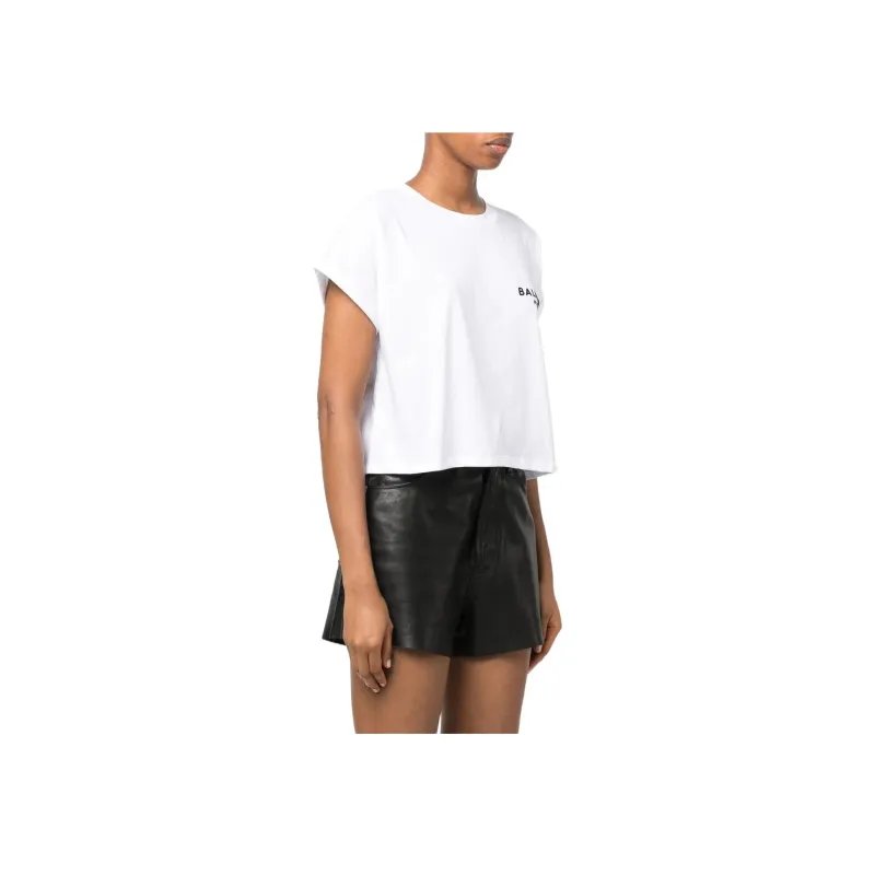 BALMAIN Flocked logo Cropped T shirt-3