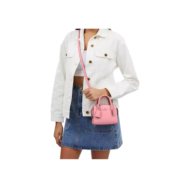 COACH Calfskin Shoulder Bag, Crossbody Bag, Handbag Mini Women's Silver & Floral Pink-4