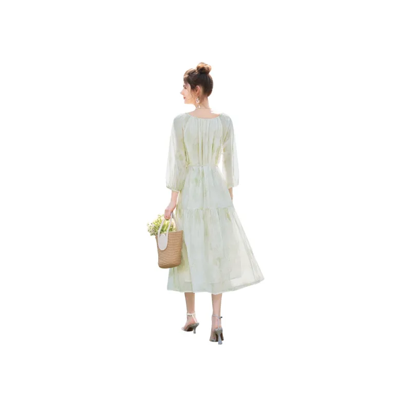 TOUCH Long Sleeved Dress Women's Beige Green-0