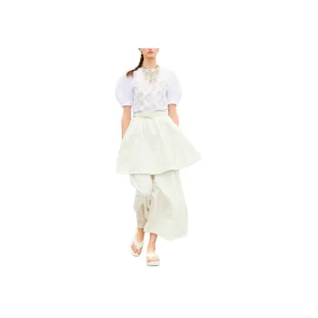 CHANEL Embroidery Cotton Poplin Puff Sleeve T Shirt Women's White