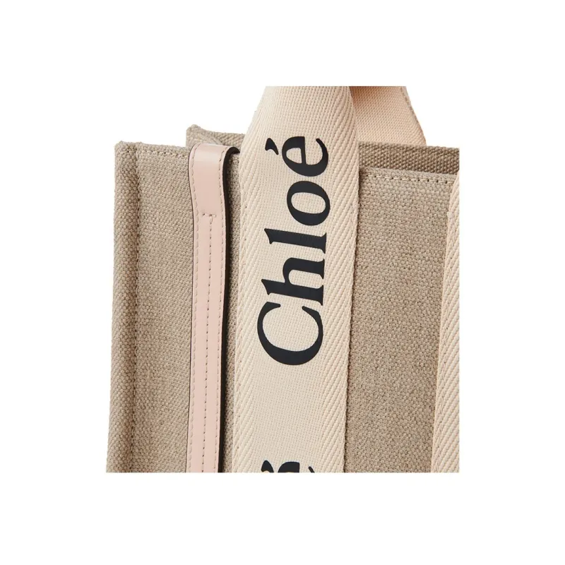 Chloe Woody Linen With Canvas And Calfskin Detail Tote Bag, Shopping Bag, Handbag Trumpets Women's Pink-3