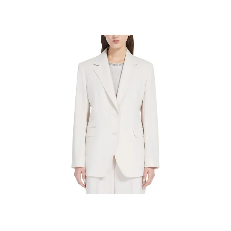 MaxMara Studio Magma Collection Wool Satin Crêpe Single Breasted Blazer Business Suit Women's Beige-1