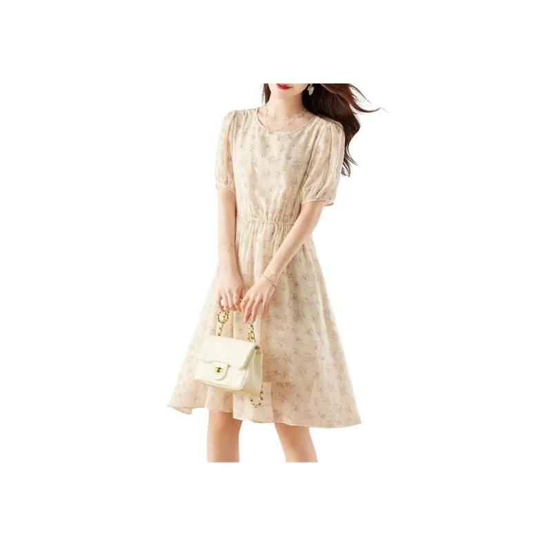 Still Quiet Short Sleeved Dresses Women's Beige/Multicolor-1