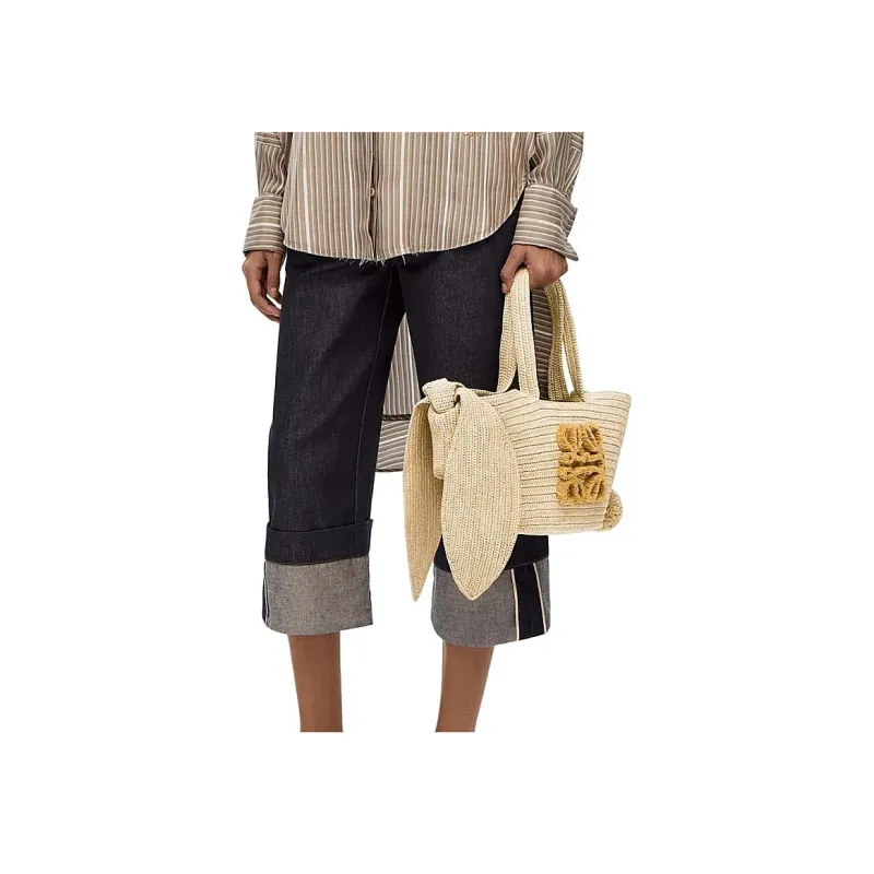 LOEWE Raffia Fiber Cow Leather Patchwork Handbag Small Size Women's Original-5