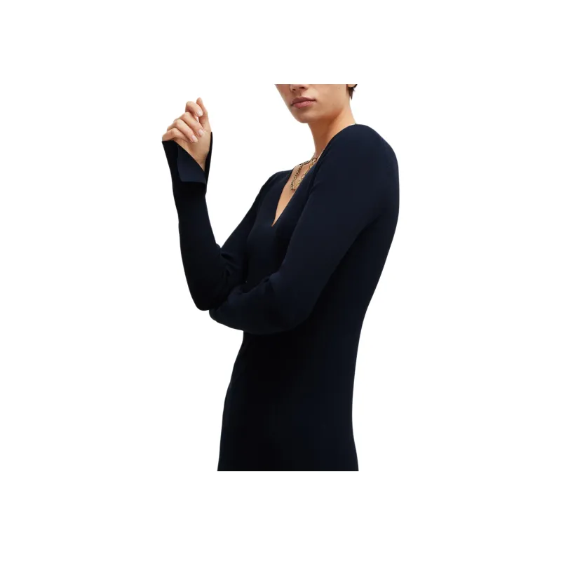 HUGO BOSS Long-Sleeved KnittEDed Dress With Ribbed Steucture Long-Sleeved Dresses Women's Dark Blue-4