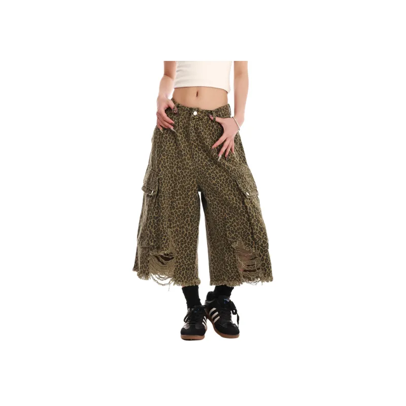 VINMUK Denim Shorts Unisex Leopard Print-5
