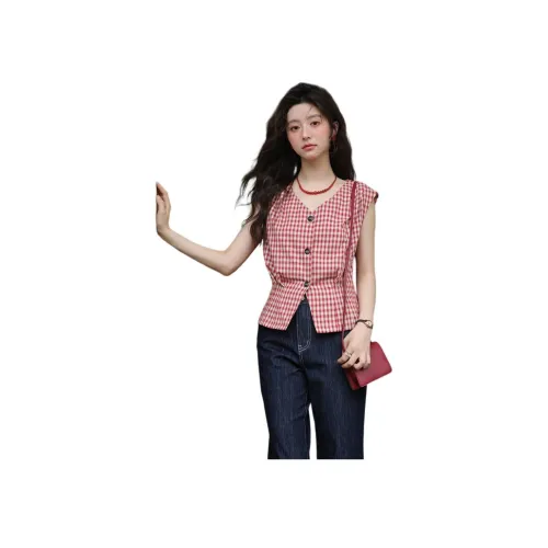 MISHOW 레드 체크 상의 여성 셔츠