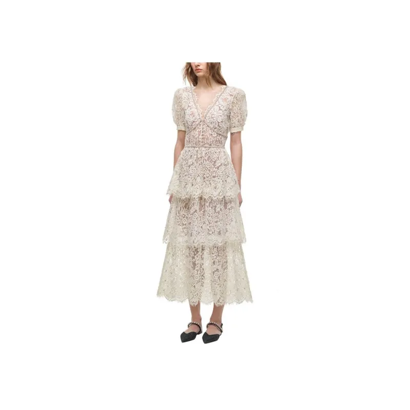 Self portrait Short Sleeved Dress Women's Ivory White-1