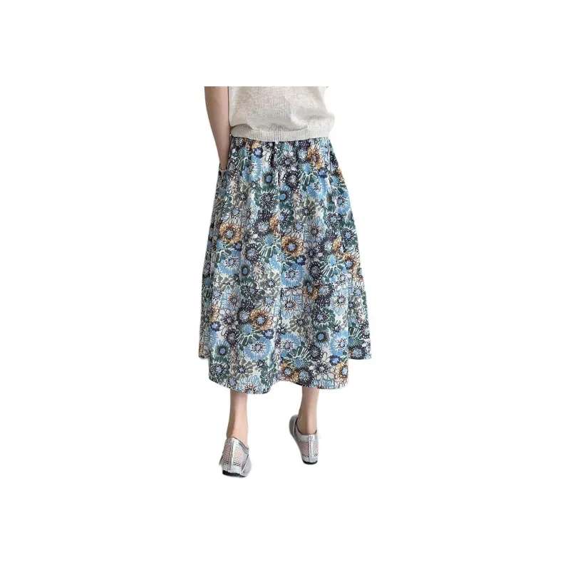 Yi Mengyuan Casual Long Skirt Women's Blue Sunflower-1