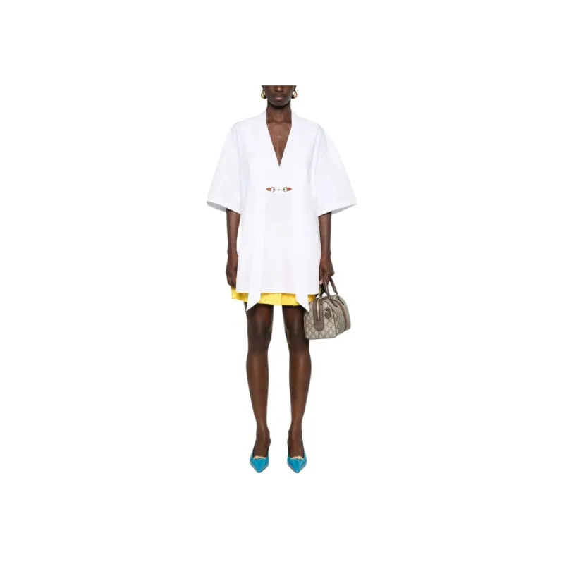 GUCCI Horsebit-Buckle V-Neck Poplin Mini Dress-1