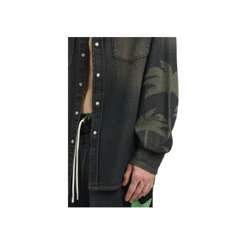 PALM ANGELS Palm Printed Curved Hem Denim Shirt-1