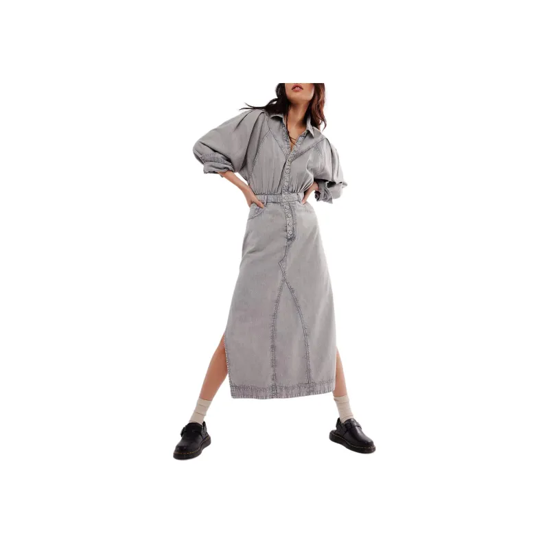 FREE PEOPLE Mad Love Denim Midi Dress Long-Sleeved Dresses Women's Moonstone/Moonlight Stone Color-0
