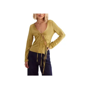 NASTY GAL Satin Asymmetric Tie Long Sleeve Top Shirt Women's Lime