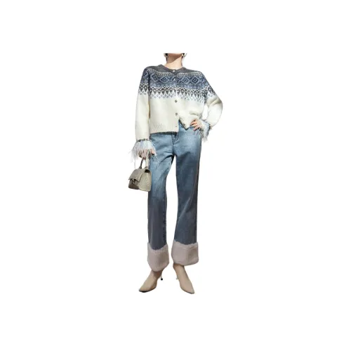 DESIGNER UNCLE 블루와 화이트 레터링 여성 스웨터