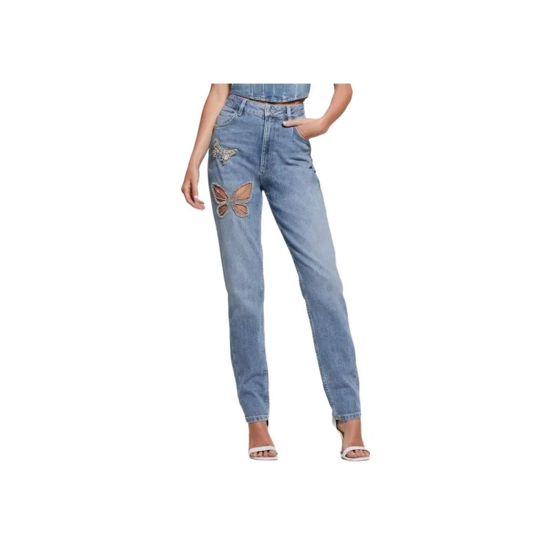 GUESS Rhinestone Butterfly High-Rise Mom Jeans Jeans Women's Blue-0