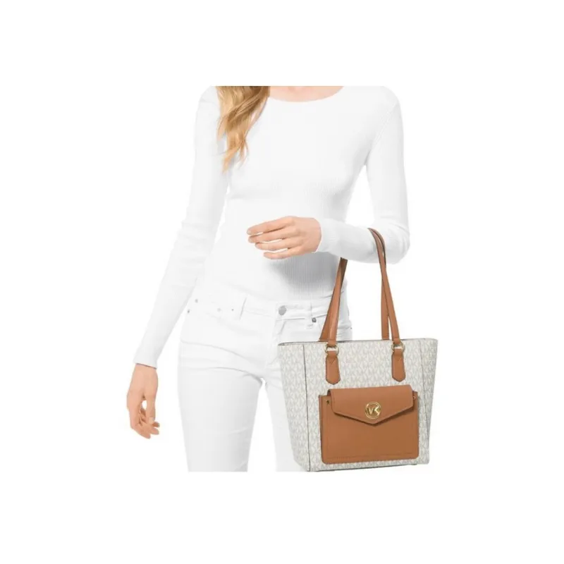 MICHAEL KORS Joey Multicolor Tote Bag Shopping Bag Shoulder Bags Women's Caramel Brown With White Accents-5