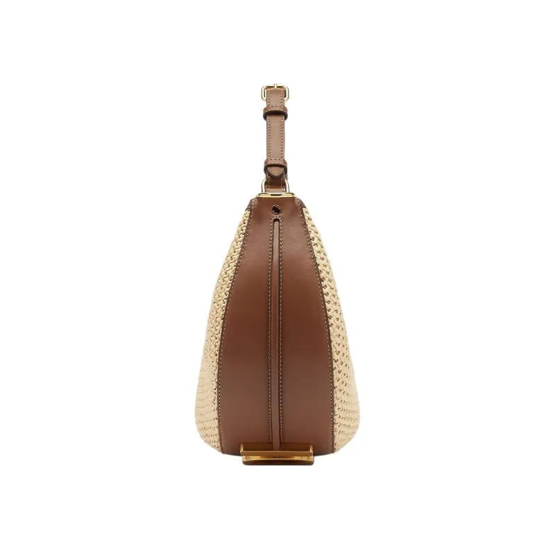 FENDI Fendigraphy Raffia With Calfskin Crescent Moon Bag Handbag Small Size Women's Brown-1