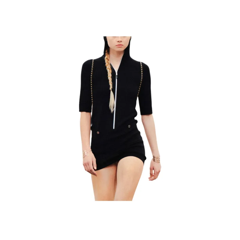 CHANEL Short Sleeved Dress Women's Black-0
