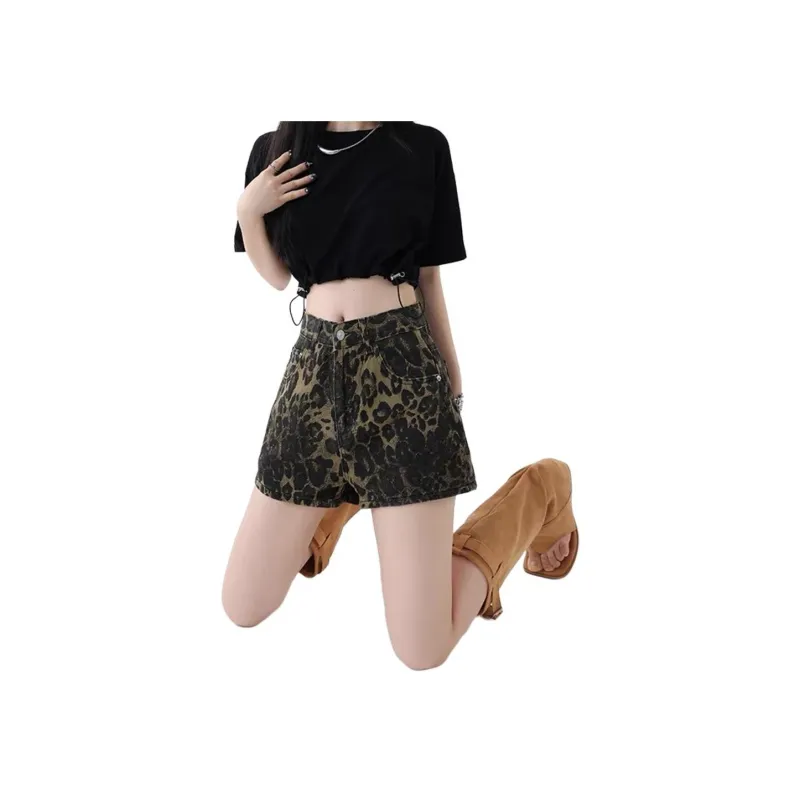 NHZN Denim Shorts Women's Leopard Print-2