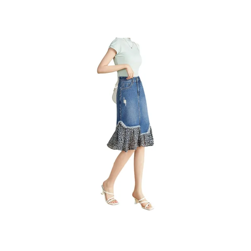 Mo Han Yi Mei Denim Long Skirt Women's Denim Blue-1